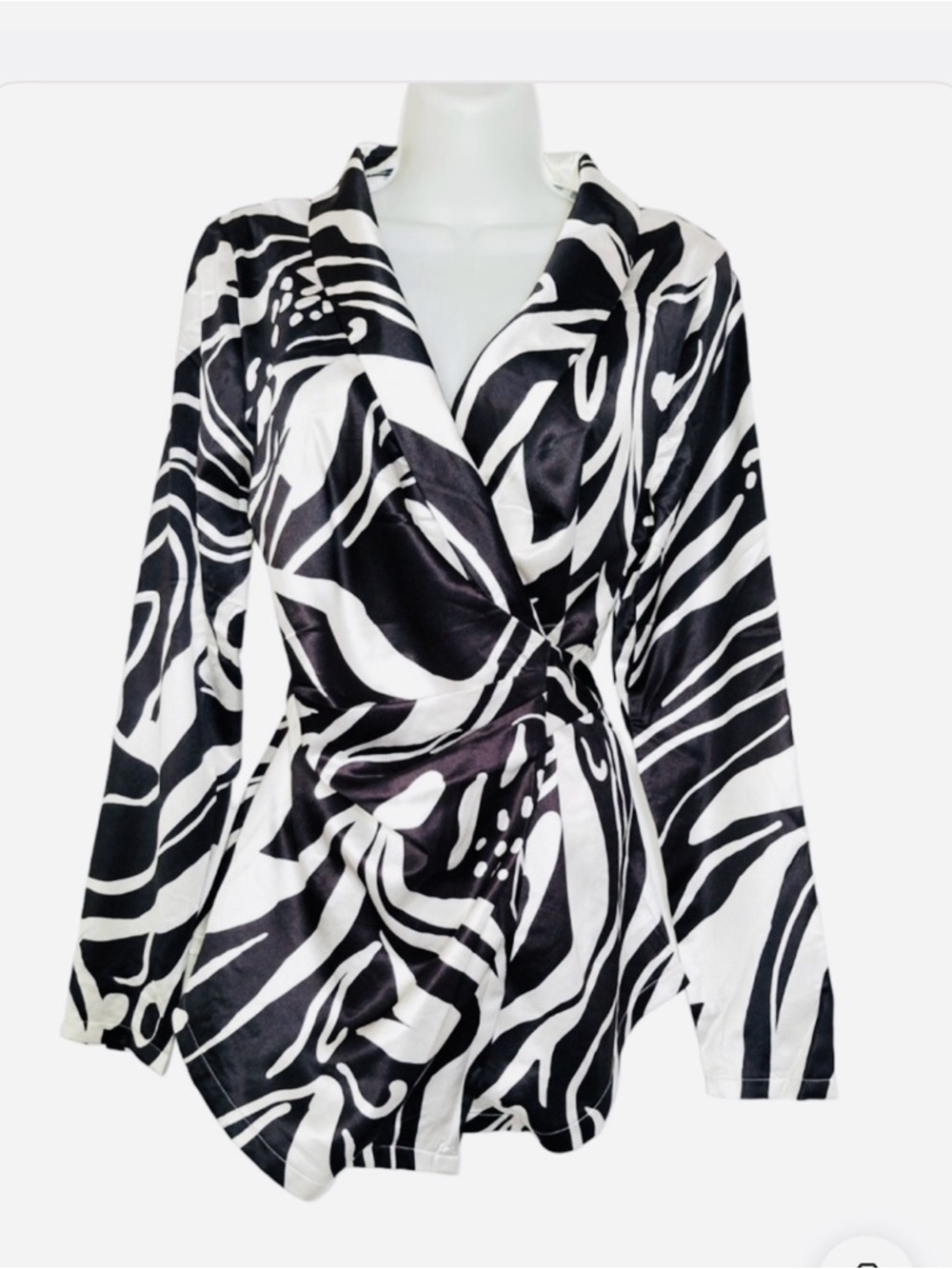Black and White Zebra Stripe / Abstract Wrap V-Neck Blouse, Fashion Nova, Medium